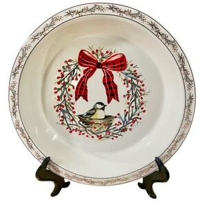 Creative Co-op By Lori Siebert Bird & Berries Pie Dish Stoneware Christmas